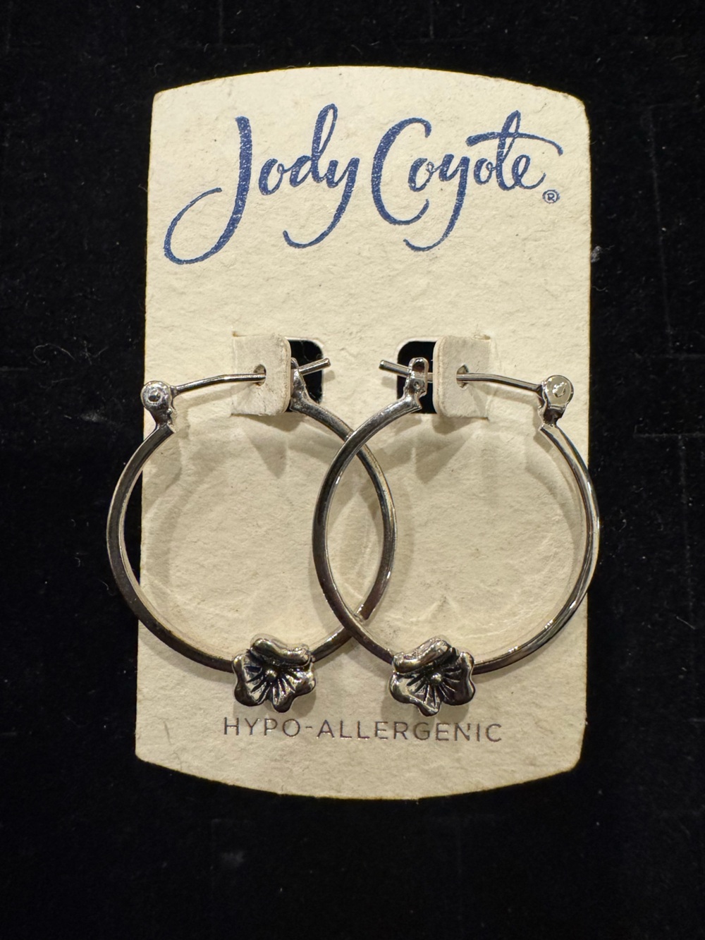 Jody Coyote Silver Tone Hoop Earrings Floral Charm Hypoallergenic